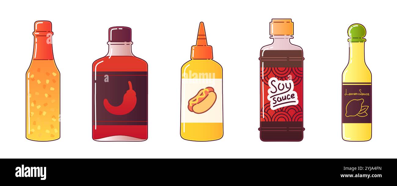 Collection of condiment bottles - spicy chili mixture, hot mustard dispenser, lemon dressing, Asian soy seasoning and pepper sauce. Simple flat jars for barbecue, cooking or restaurant menu design. Stock Vector
