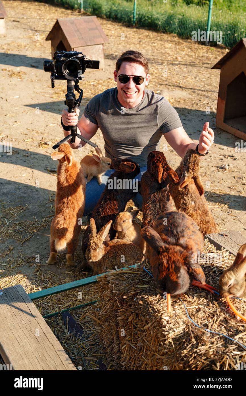 A man films adorable rabbits while kneeling in a sunny farmyard Stock ...