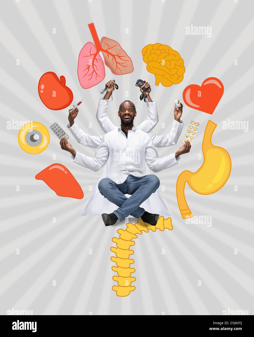 Doctor with multiple arms holding medical tools and surrounded by illustrations of organs. Contemporary art collage. Stock Photo