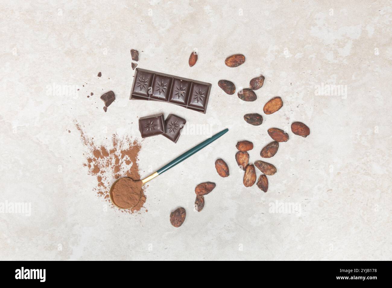 Cocoa in different presentations, beans, powder and chocolate bar Stock Photo