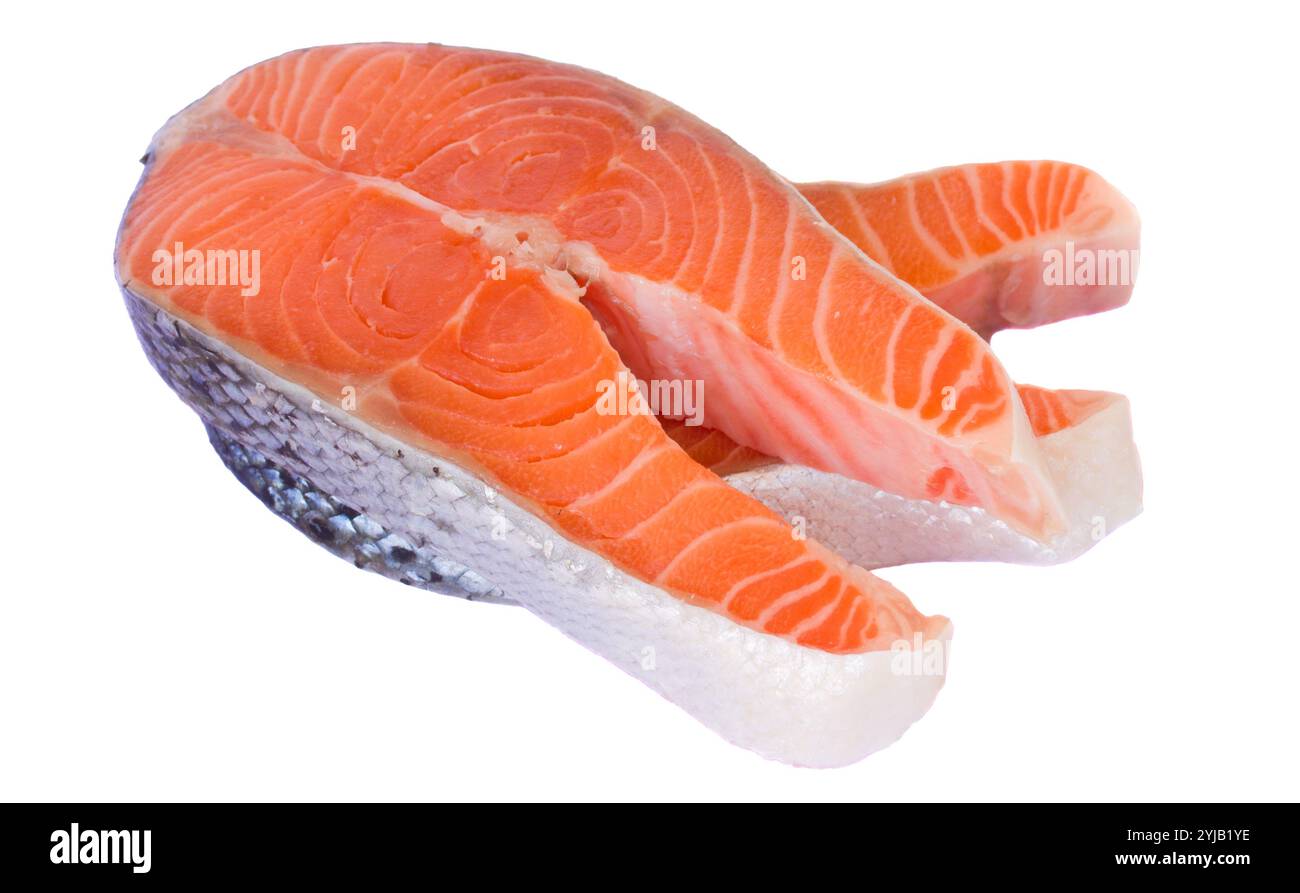 raw salmon steaks isolated on white background Stock Photo - Alamy