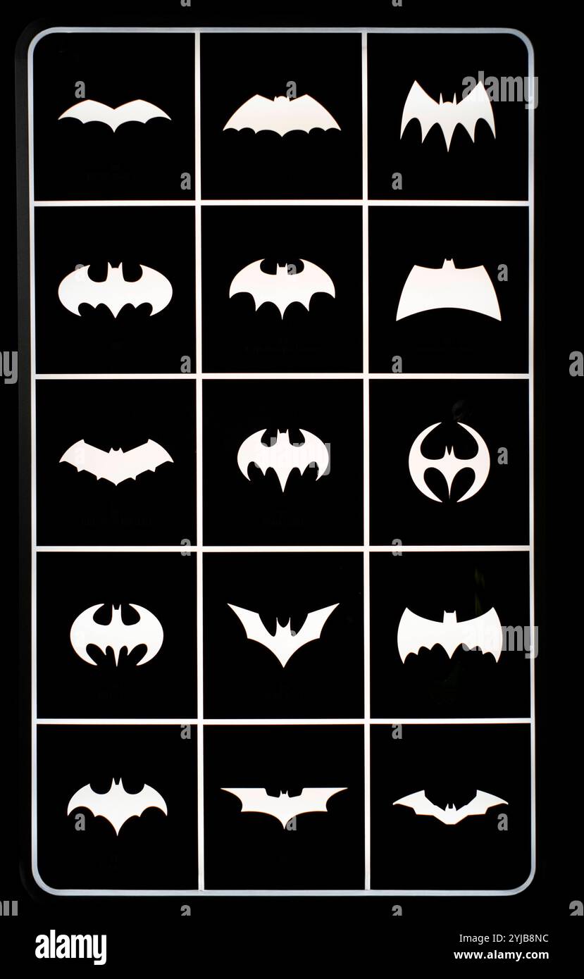 Batman Logos in der Ausstellung Superheroes im NRW Forum, Düsseldorf *** Batman logos in the Superheroes exhibition at the NRW Forum, Düsseldorf Stock Photo