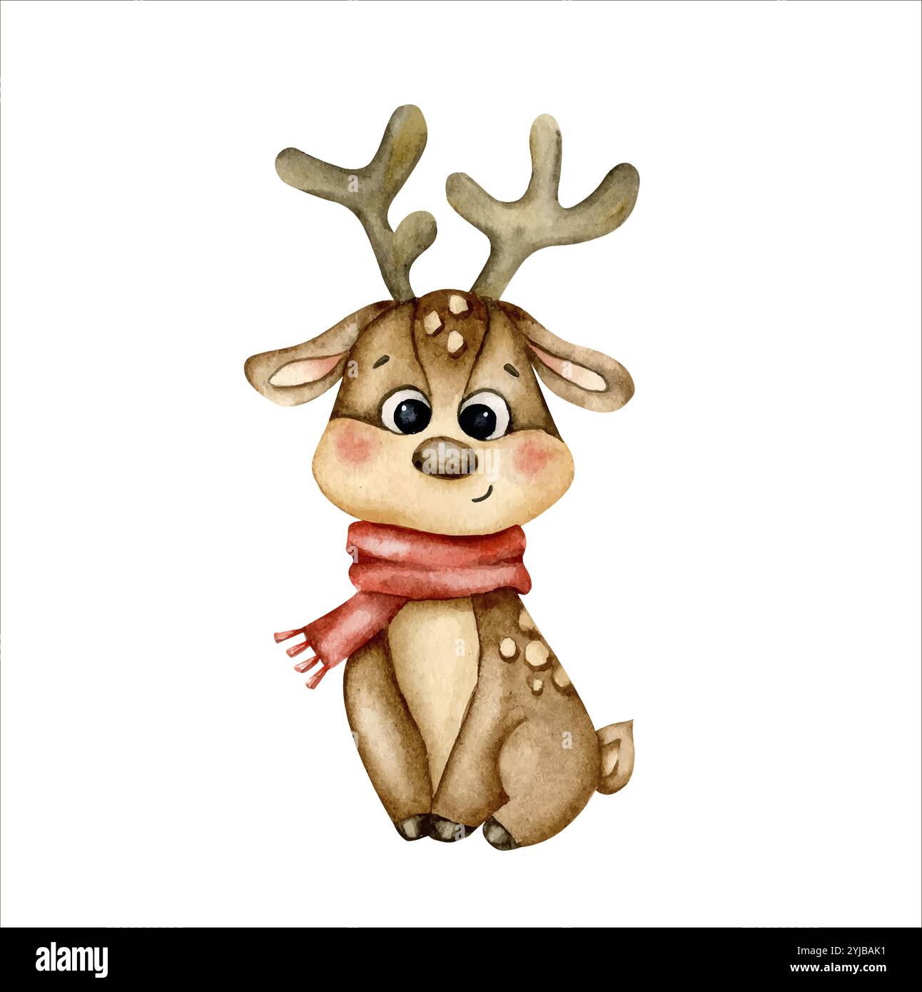 New Years Christmas hand drawn cute little deer in a red scarf ...