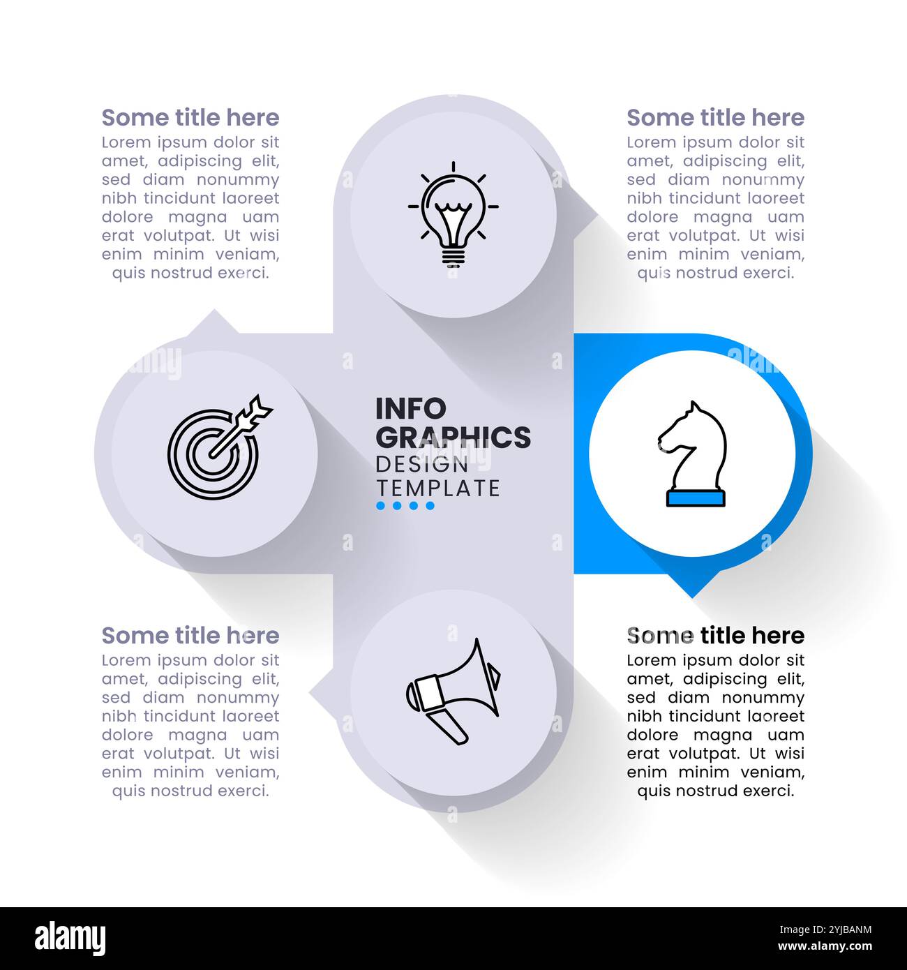 Infographic template with icons and 4 options or steps. Blue buttons ...