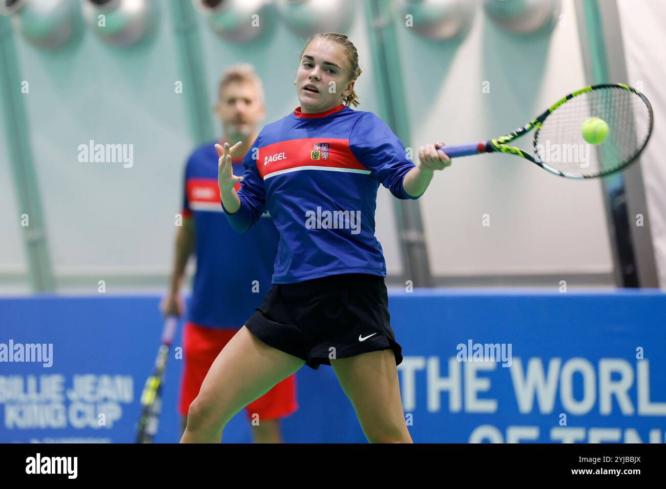 Czech tennis player Sara Bejlek  in action during the training session prior to 2024 Billie Jean King Cup, women's world team tennis championships in Stock Photo