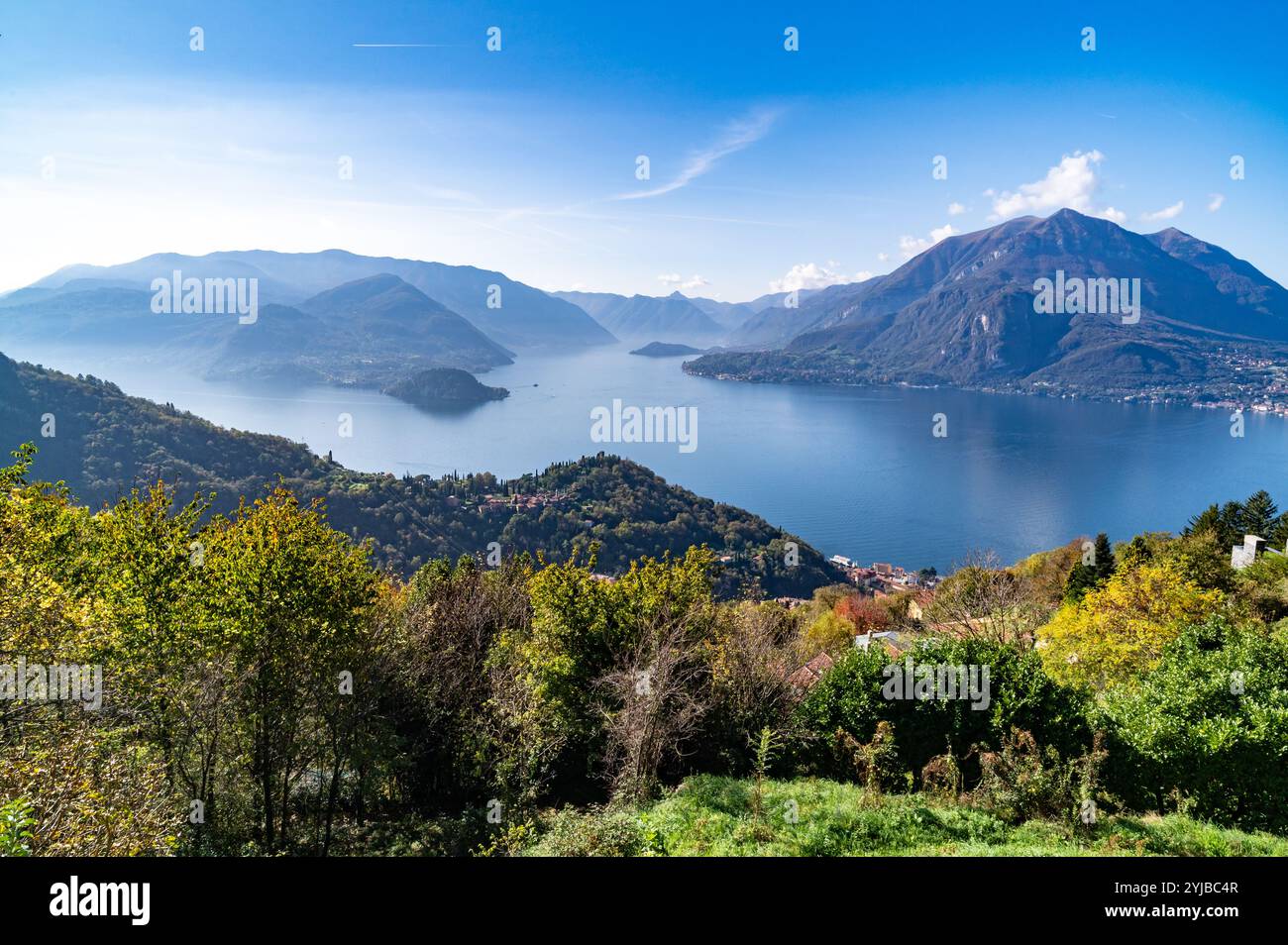 Lake Como, Photographed from Perledo, showing Varenna, Bellagio, Castello di Vezio, and Punta Balbianello, on a spring day. Stock Photo