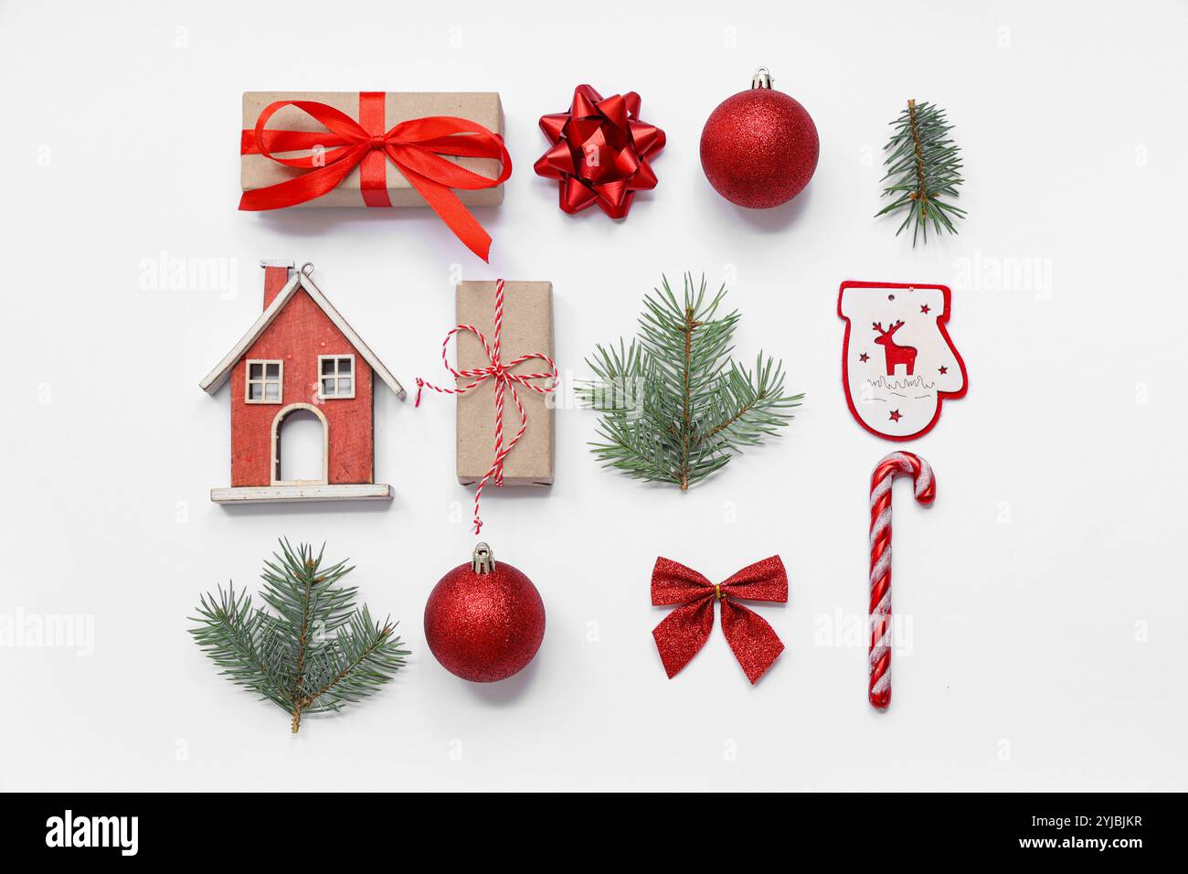 Beautiful composition with Christmas balls, fir branches and gift boxes ...