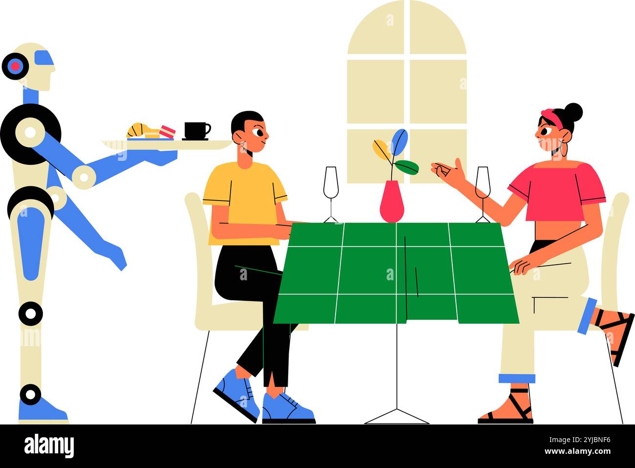 Robot Serving Food To A Couple Dining In Flat Vector Illustration ...