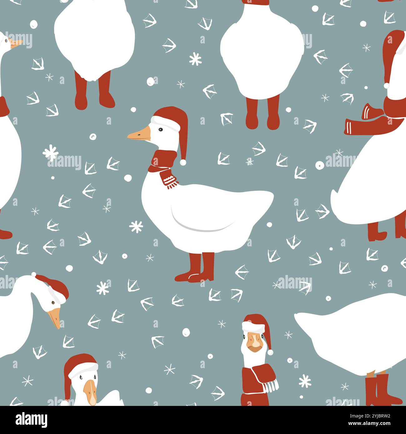 Seamless pattern with cute cartoon goose in red scarf, Santa Claus hat ...