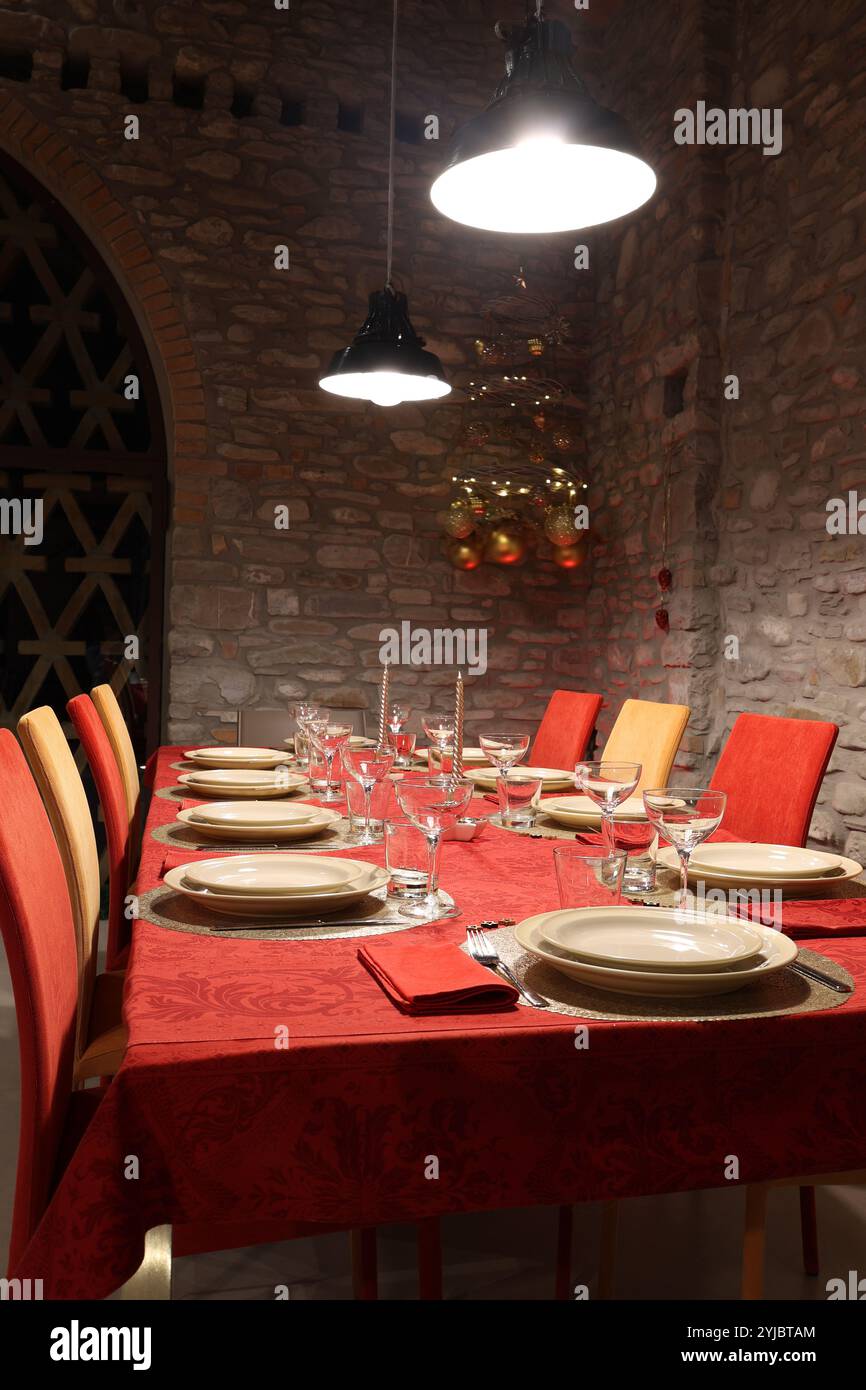 table setting for dinner in christmas holidays in rustic place Stock Photo