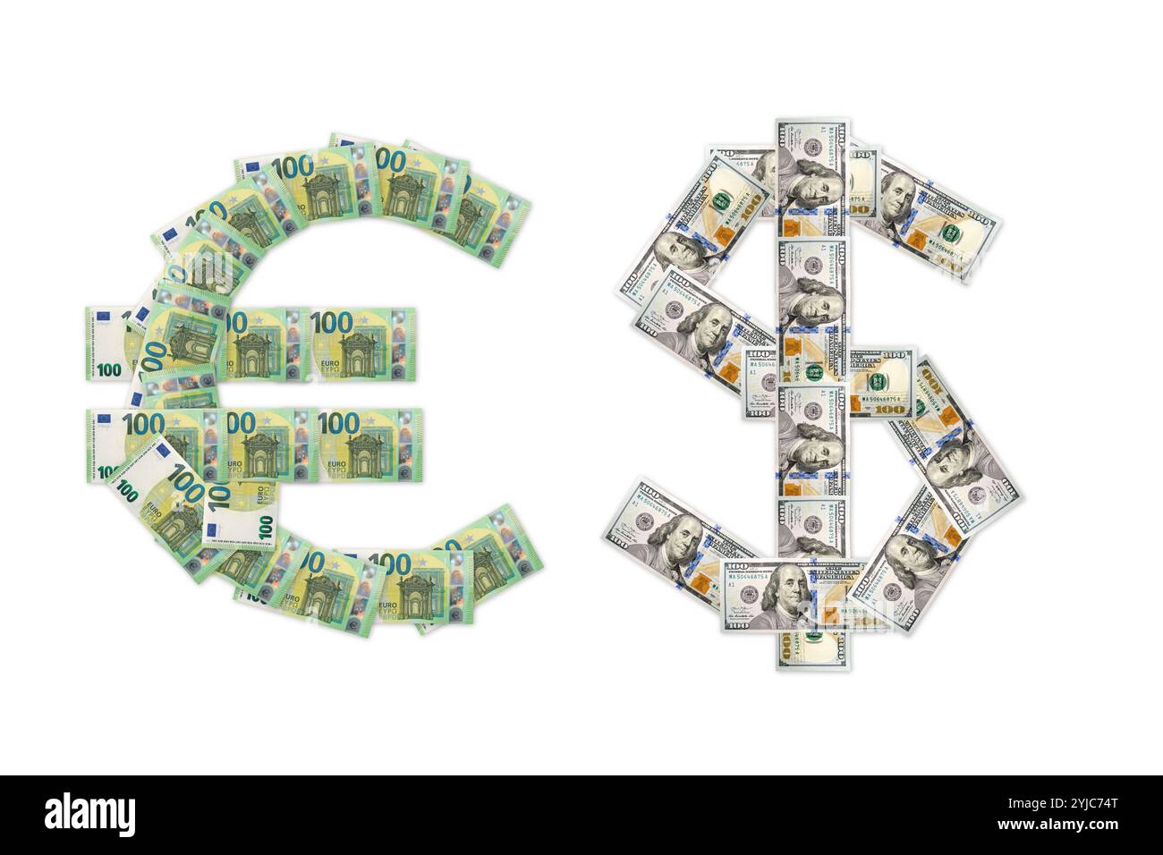 Euros and dollars sign made from 100 US dollars and 100 euros banknotes