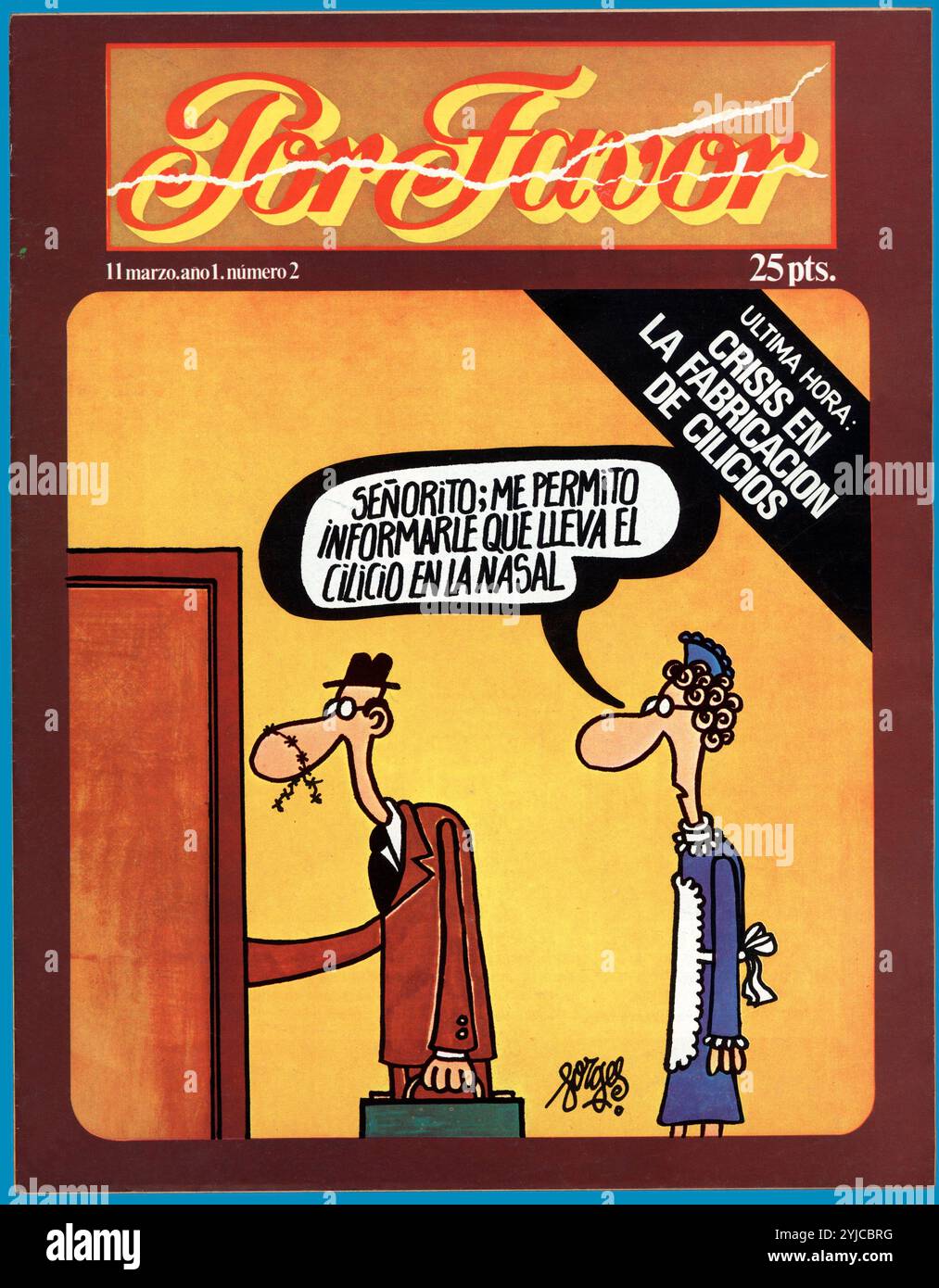 Portada de la revista humorística Por Favor, número dos, editada en Barcelona, marzo de 1974. Dibujo de Forges. Stock Photo