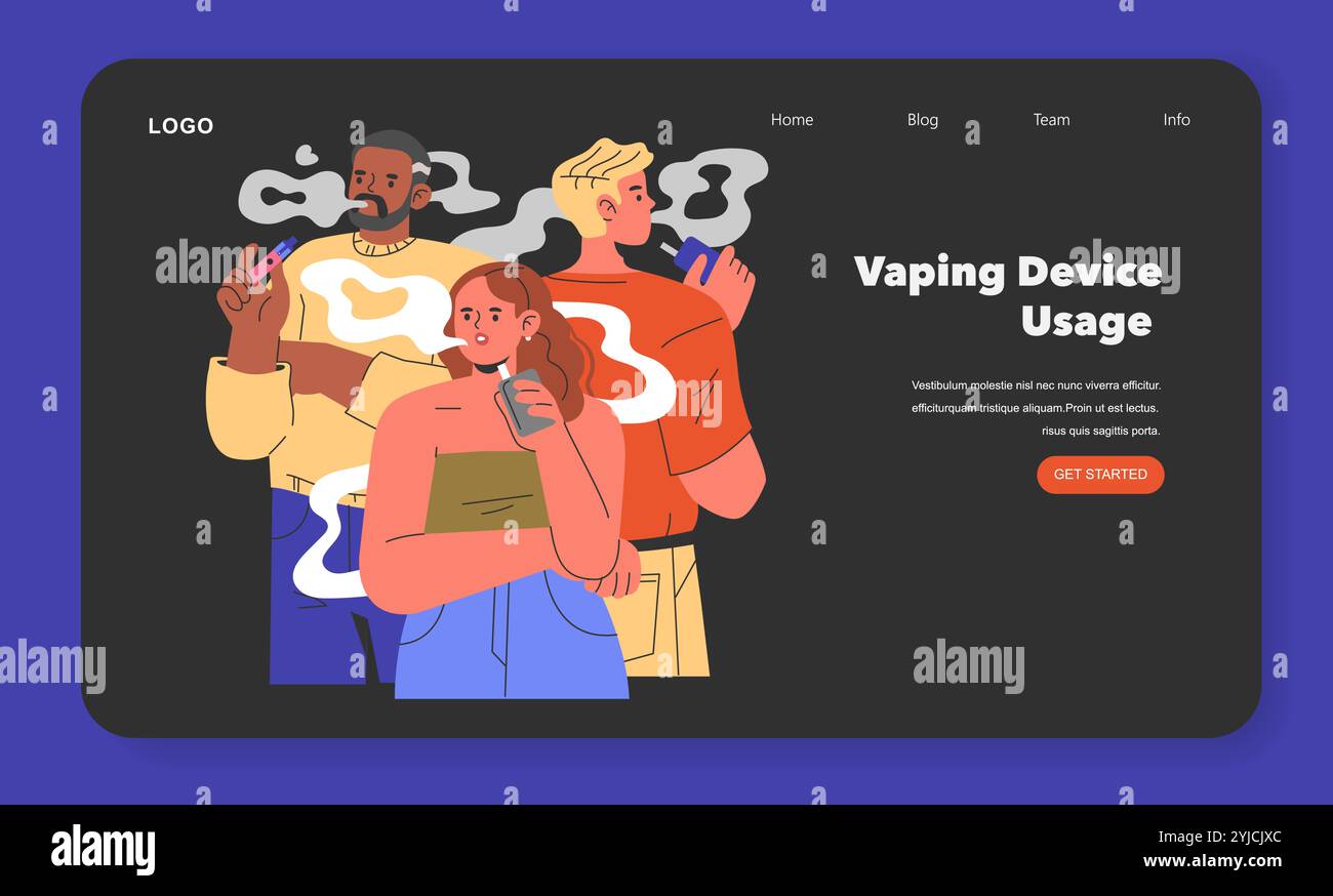 Vaping Device Usage concept. A website header showcasing diverse people using e-cigarettes with customizable interface elements. Health risks awareness. Vector illustration. Stock Vector
