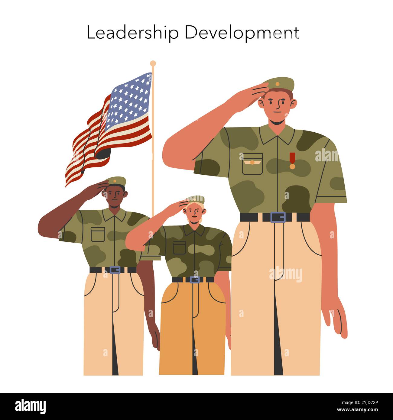 Military Training concept. Soldiers saluting the American flag, depicting teamwork and discipline within the army. Patriotic spirit and respect for the nation exemplified. Vector illustration. Stock Vector