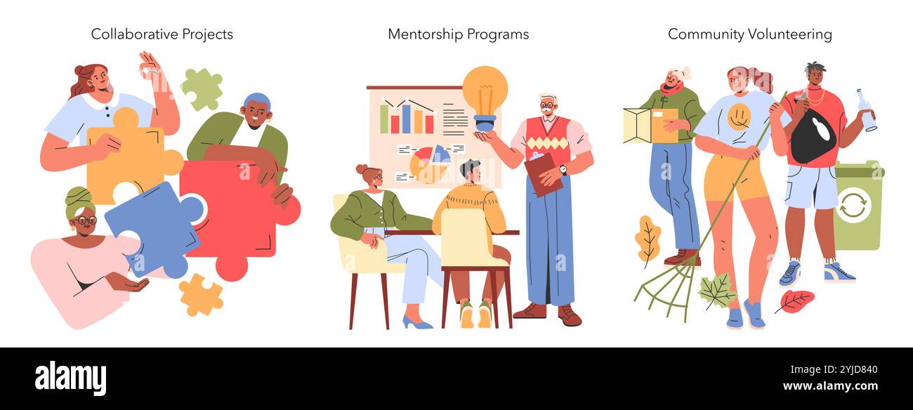Community Engagement set. People participating in collaborative projects, mentorship programs, and community volunteering. Teamwork, guidance, and activism illustrated. Vector illustration. Stock Vector