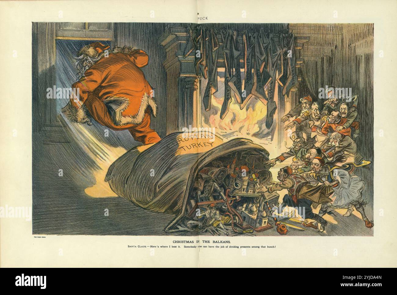Christmas in the Balkans. Puck Caricature. Museum: PRIVATE COLLECTION. Author: UDO J. KEPPLER. Copyright: This artwork is not in public domain. It is your responsibility to obtain all necessary third party permissions from the copyright handler in your country prior to publication. Stock Photo