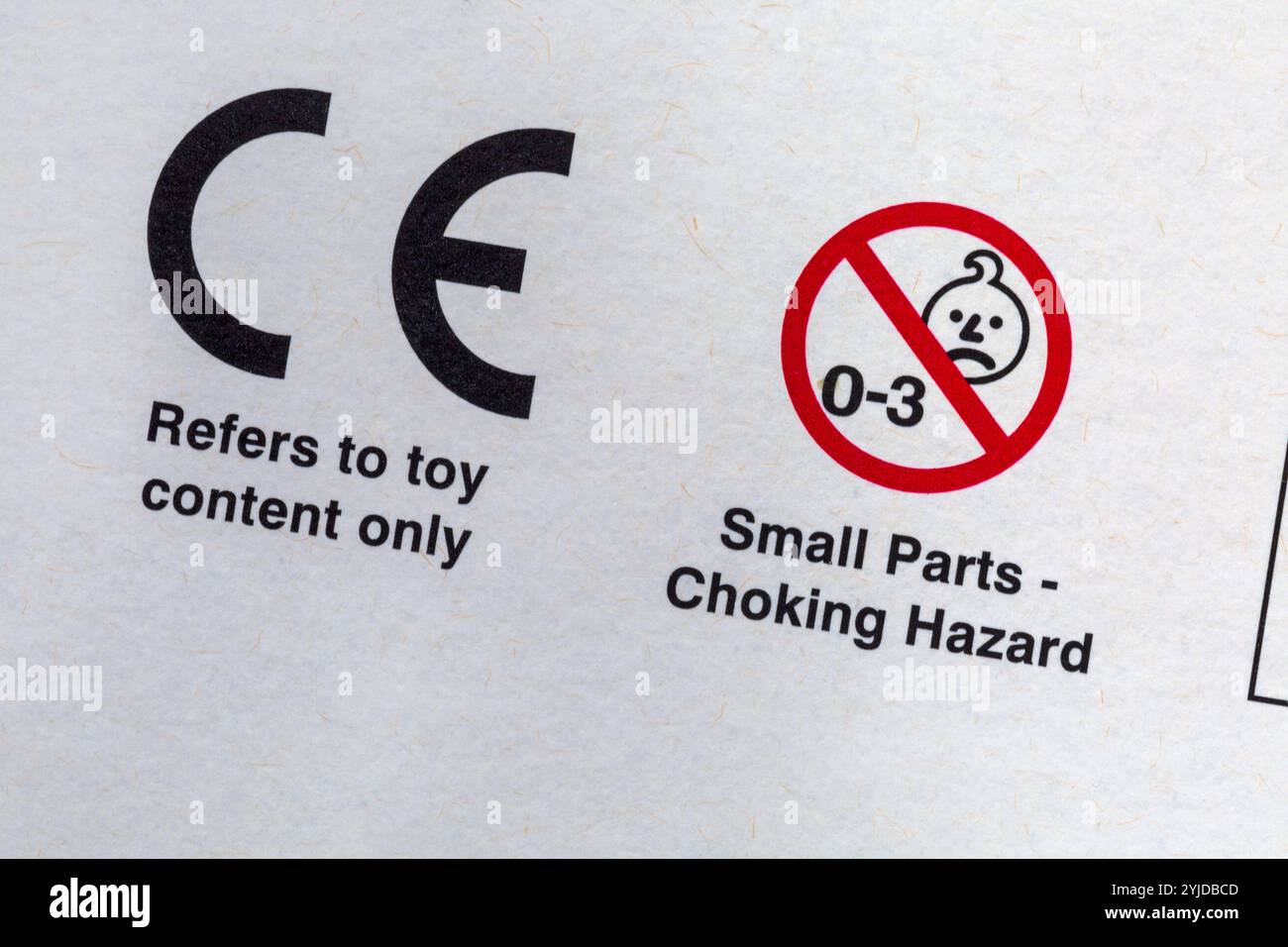 CE marking logo mark and unsuitable for 0-3, not suitable for children under 36 months, symbols on box of Christmas Crackers Stock Photo