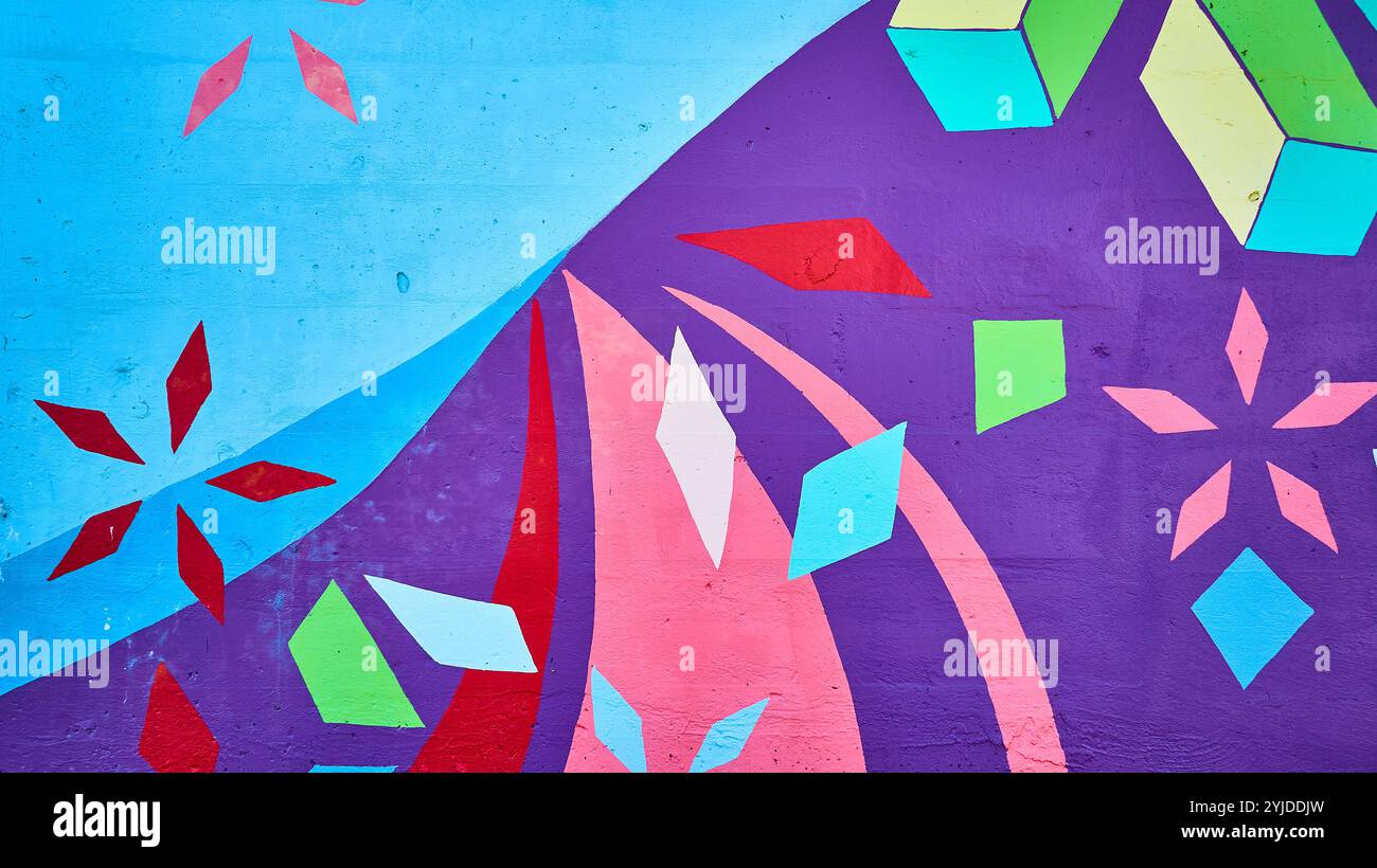 Vibrant Abstract Geometric Mural Eye-Level View Stock Photo