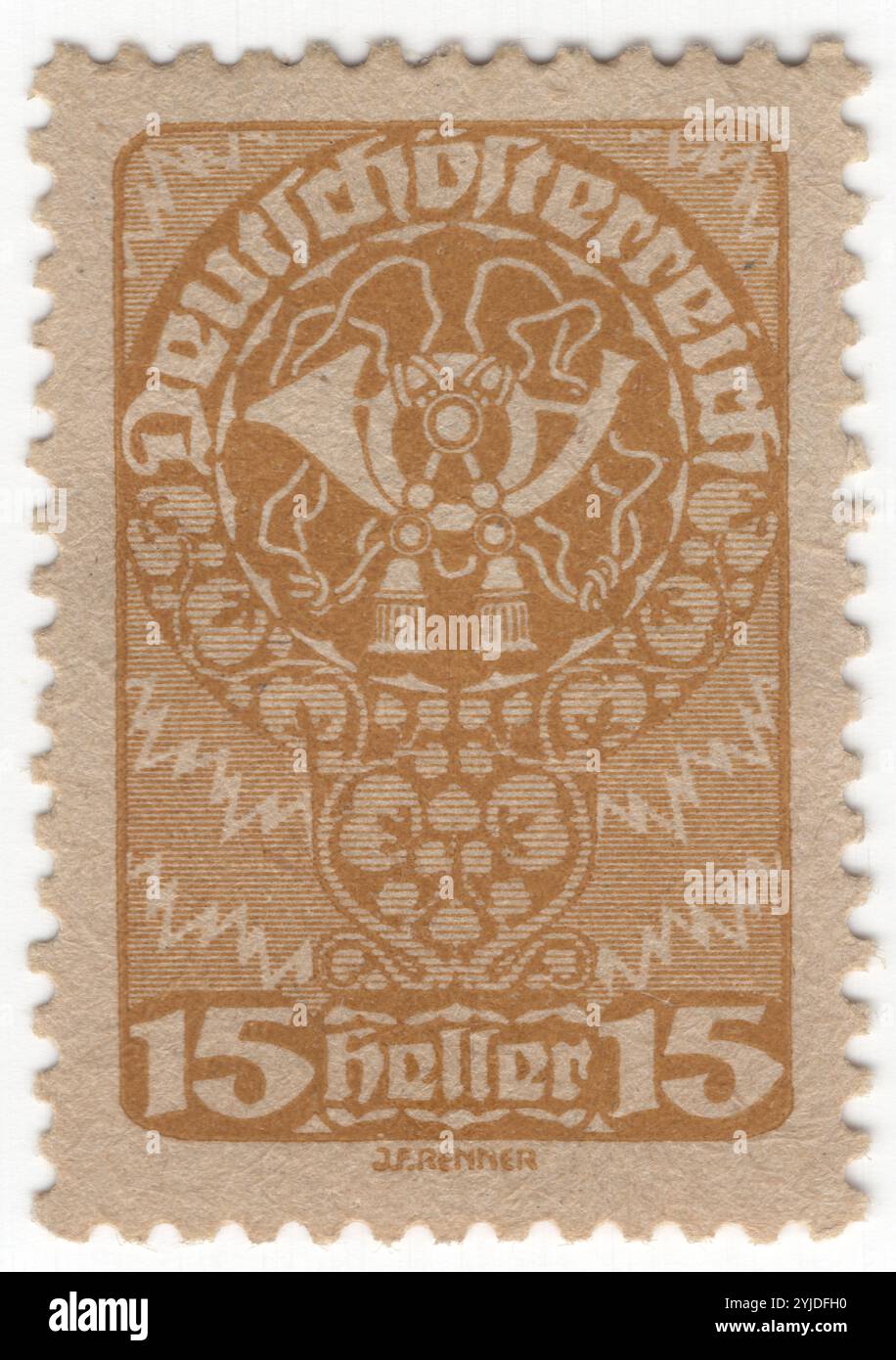 AUSTRIA — 1920: 15 heller bister on thick greyish paper postage stamp ...