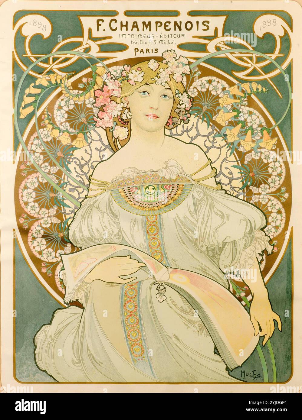 F. Champenois Imprimeur-Editeur (Poster). Museum: PRIVATE COLLECTION. Author: Alfons Marie Mucha. Stock Photo