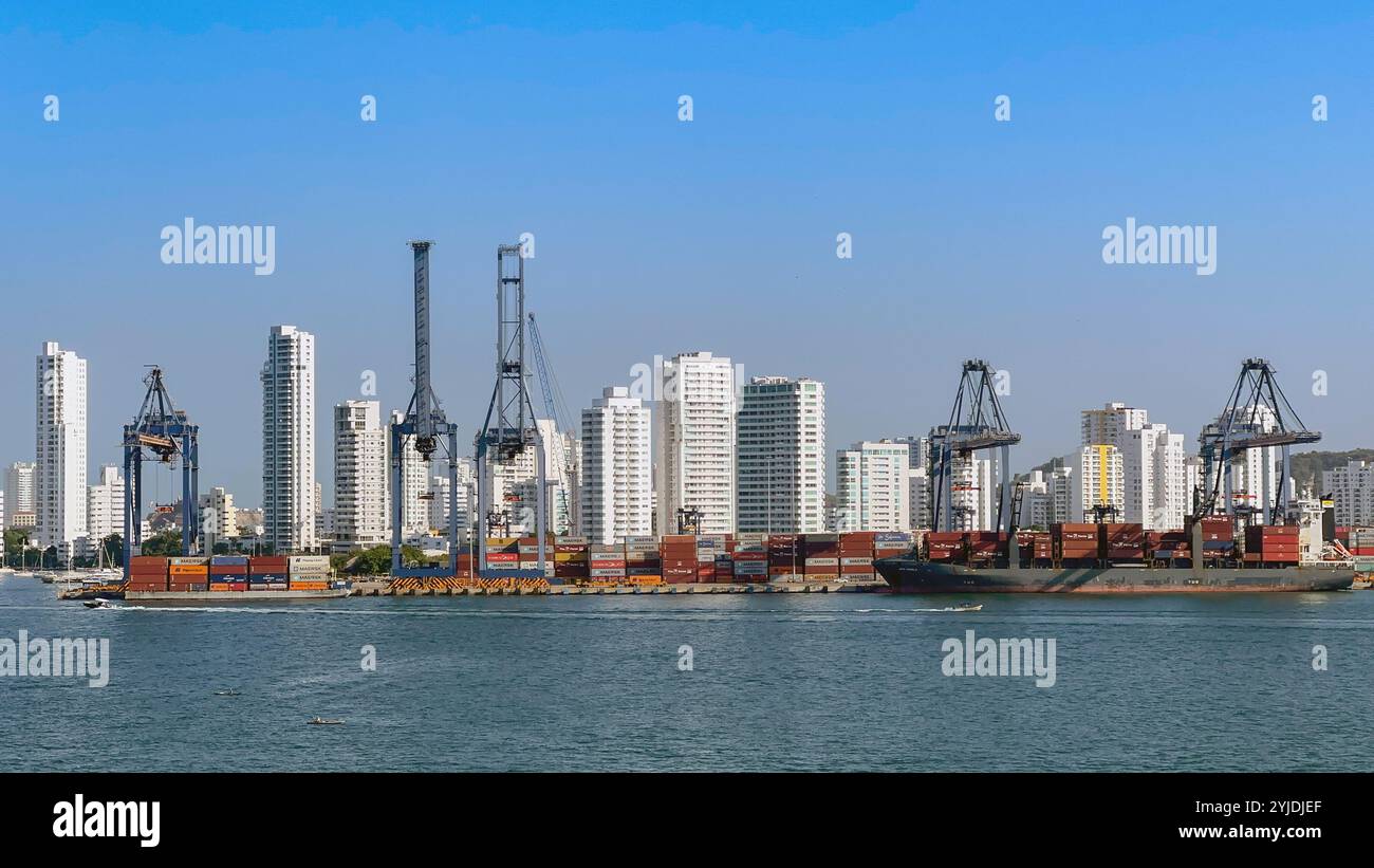 Cartagena, Colombia - 24 January 2024: Container ship in the container terminal of Cartagena - Smartphone Captured Stock Image