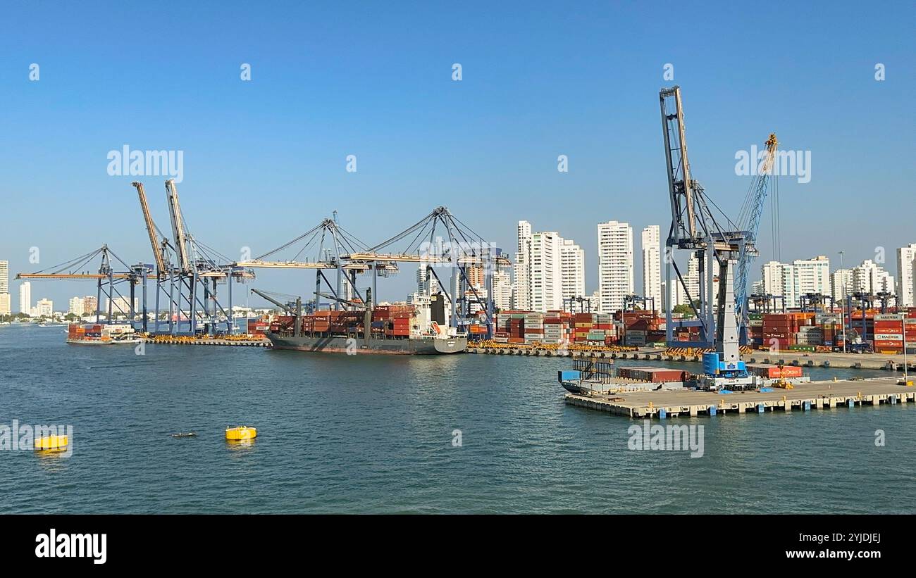 Cartagena, Colombia - 24 January 2024: Panoramic view of the container terminal in the port of Cartagena - Smartphone Captured Stock Image