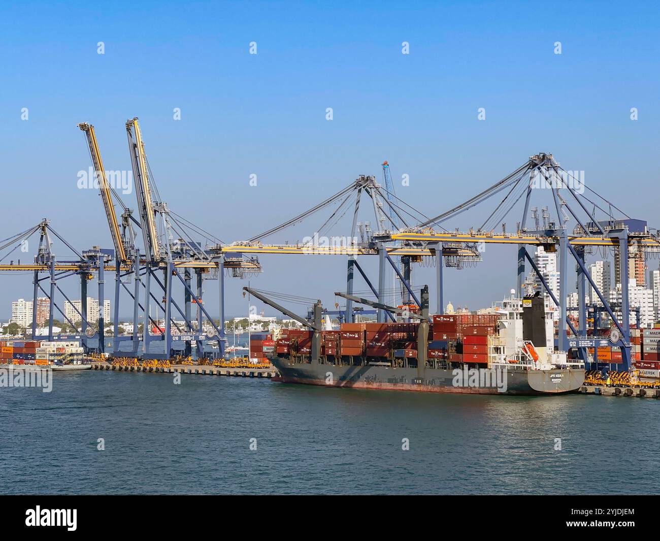 Cartagena, Colombia - 24 January 2024: Container ship in the container terminal of Cartagena - Smartphone Captured Stock Image