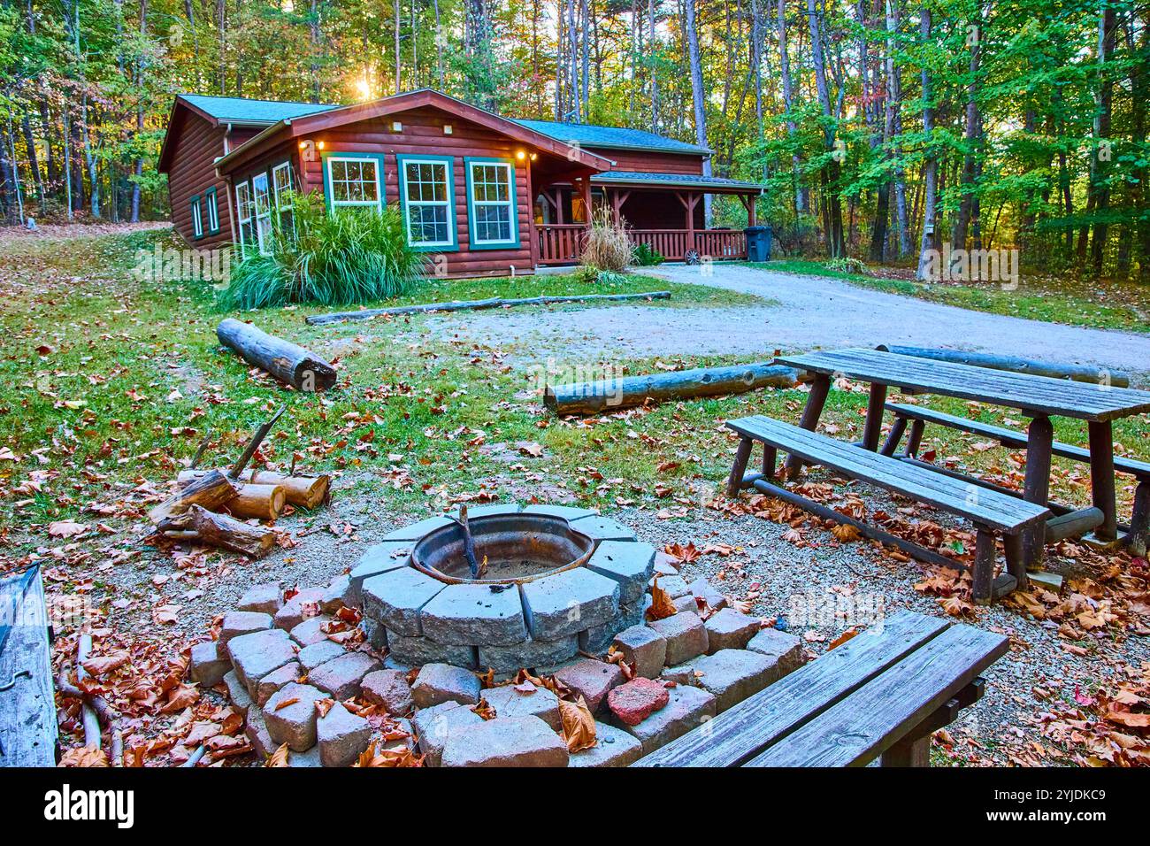Rustic Cabin and Fire Pit in Autumn Forest Eye Level Perspective Stock ...