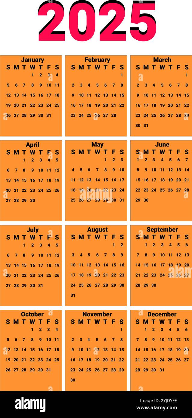 Simple 2025 year calendar, week starts on Sunday Stock