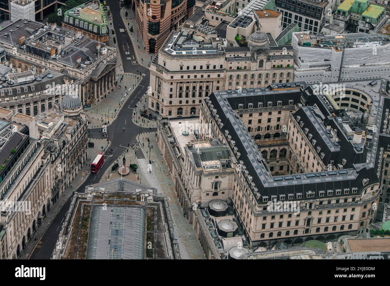 Aerial view of The Bank Of England showing the inner courtyard and Bank Junction at the front of the building ,City Of London, London,UK Stock Photo