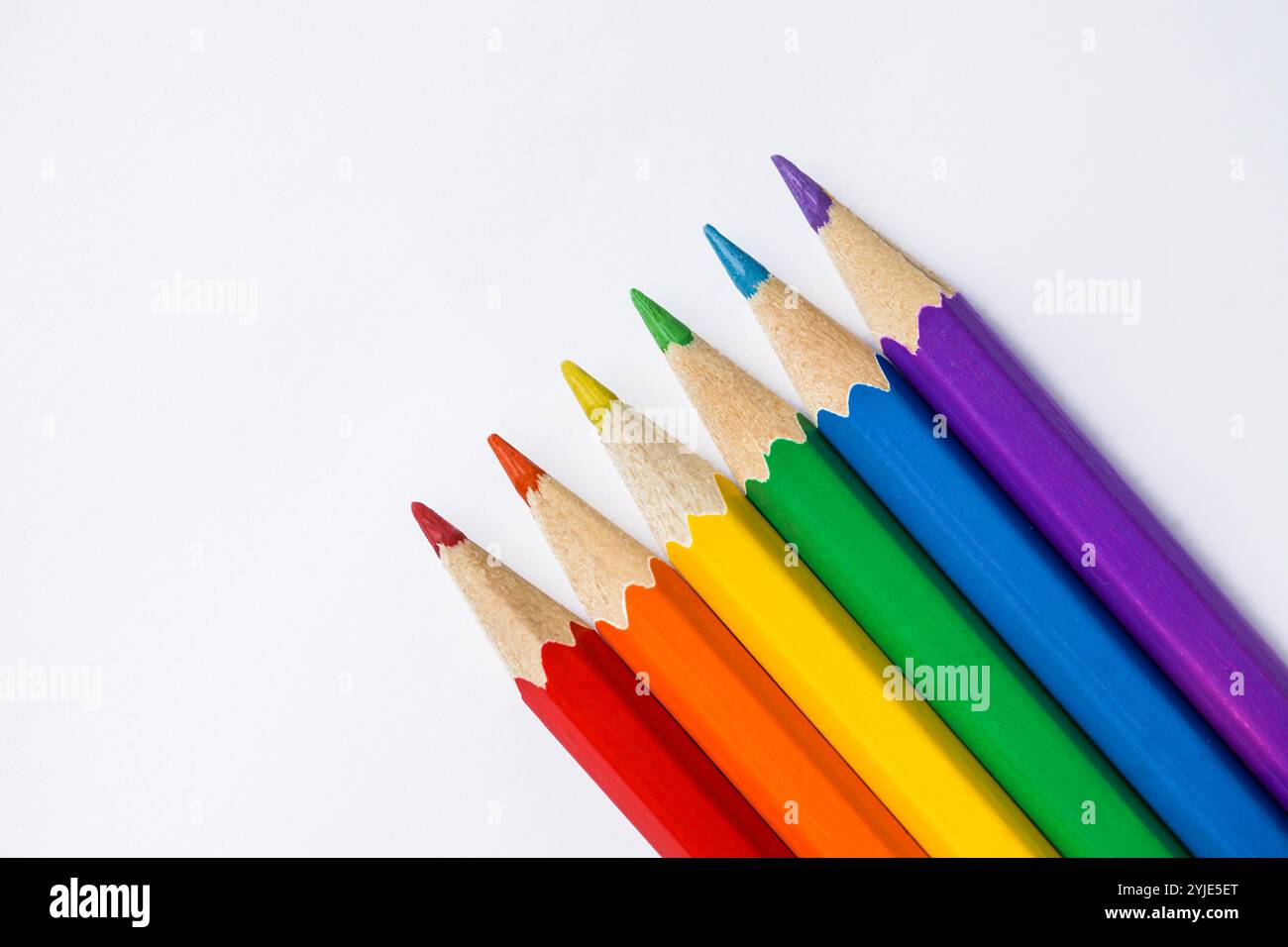 Colored Rainbow Pencils school supplies on white background. Copy space Stock Photo
