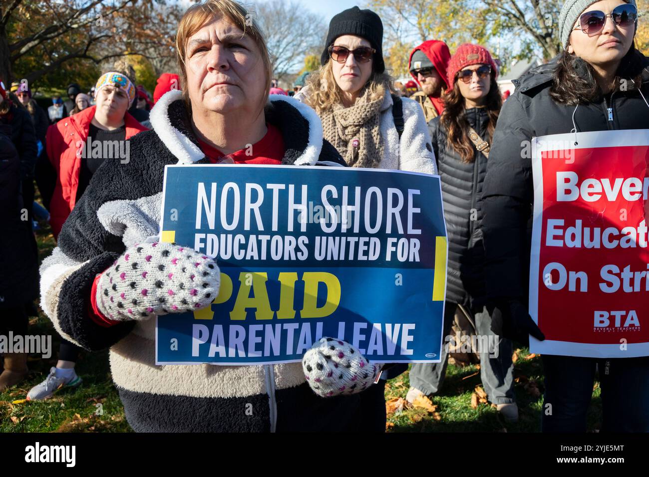 Nov. 12, 2024. Beverly, MA. Teachers rallied at Beverly Common and