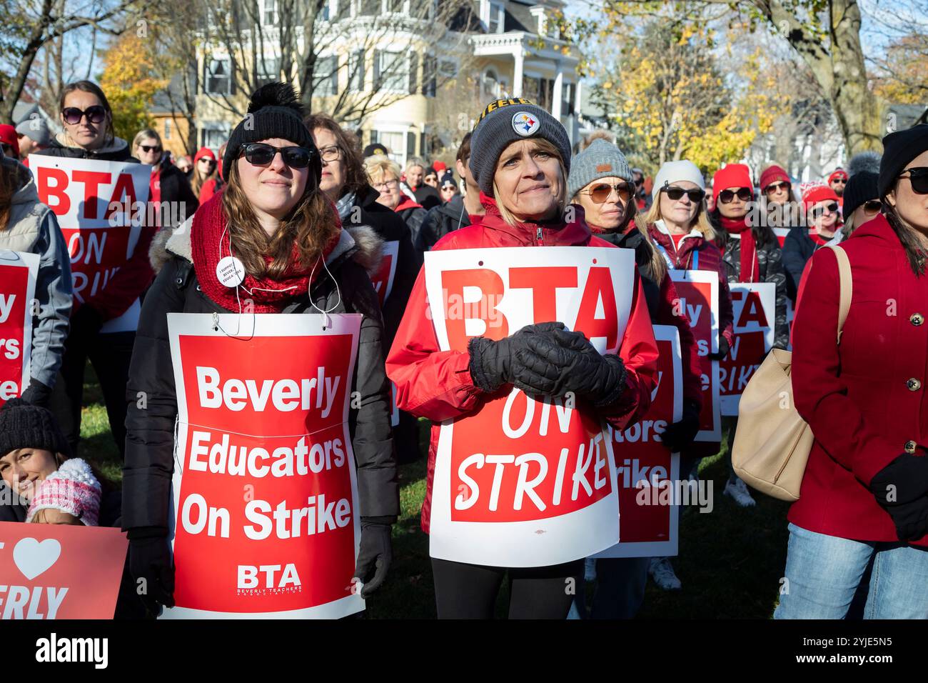 Nov. 12, 2024. Beverly, MA. Teachers rallied at Beverly Common and