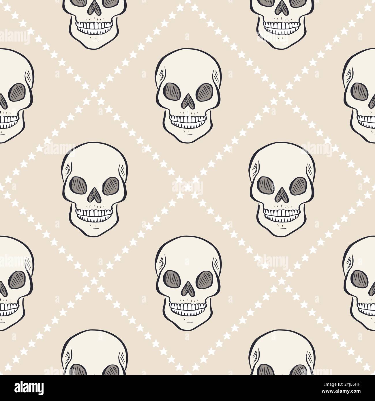 Seamless pattern with hand drawn skulls inside trellis Stock Vector