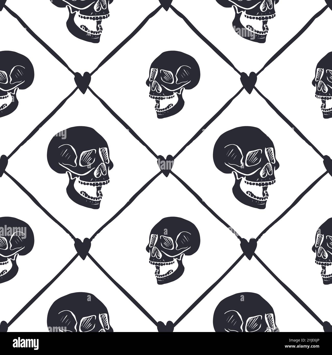 Seamless pattern with hand drawn black and white human skulls inside trellis Stock Vector