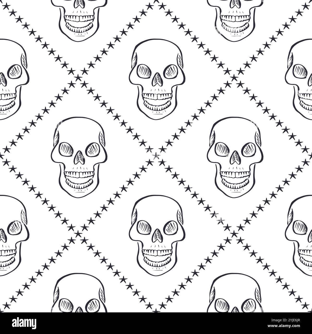 Seamless pattern with hand drawn black and white human skulls inside trellis Stock Vector