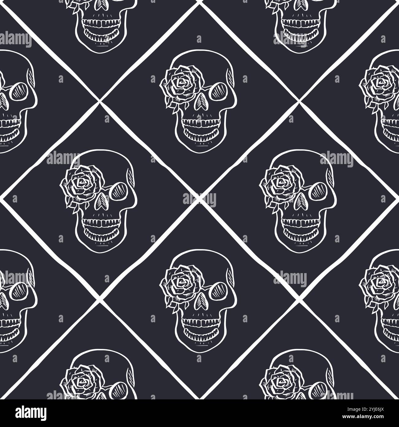 Seamless pattern with hand drawn black and white human skulls inside trellis Stock Vector