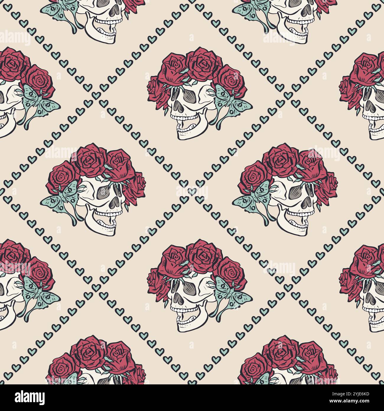 Seamless pattern with hand drawn human skulls in rose flowers wreath inside trellis Stock Vector