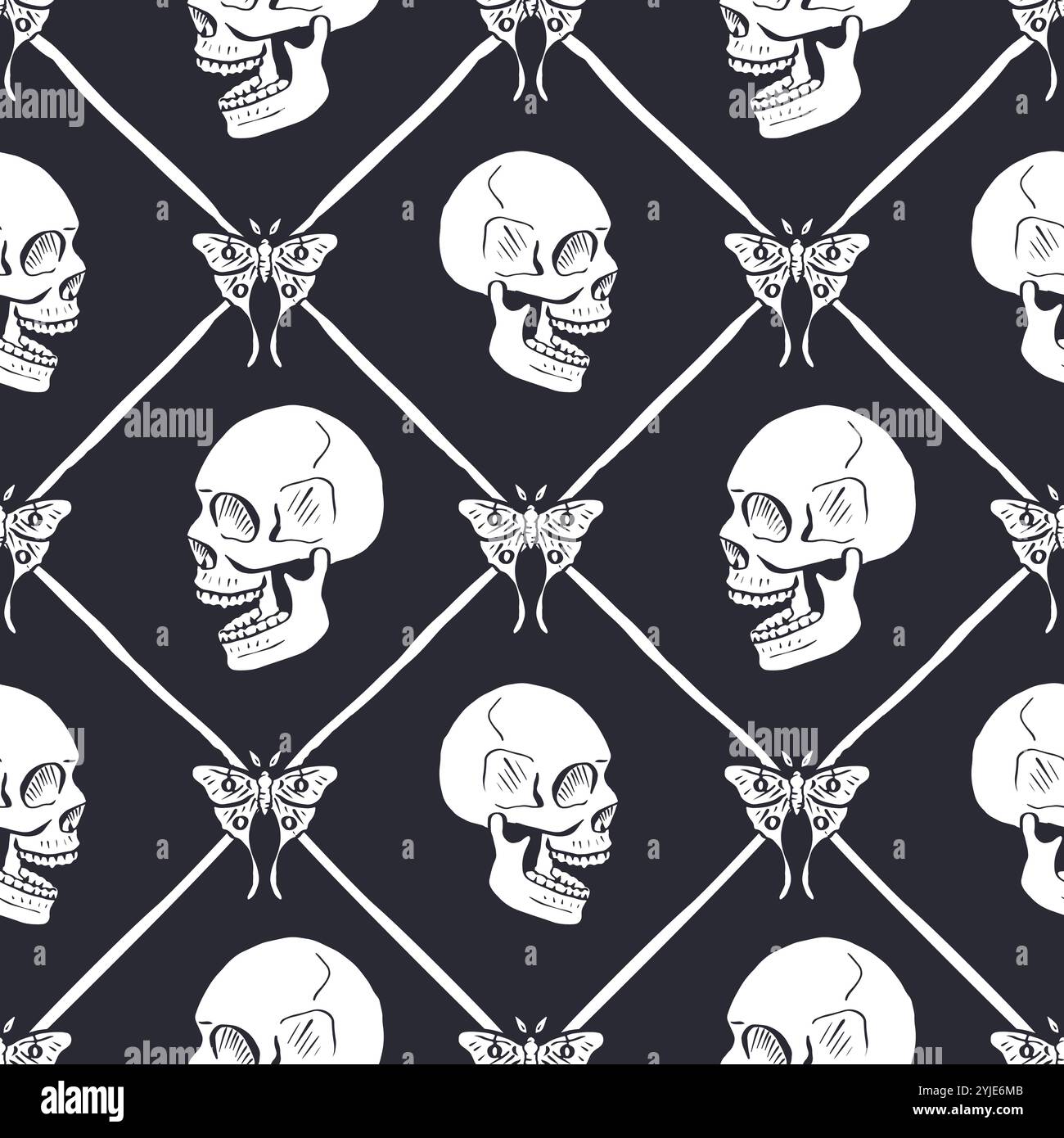 Seamless pattern with hand drawn black and white human skulls inside trellis Stock Vector