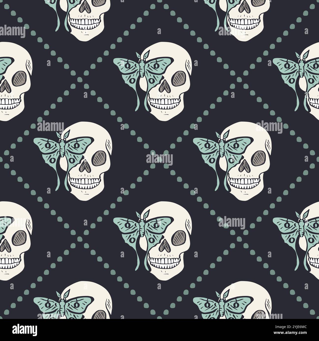 Seamless pattern with hand drawn human skulls and luna moths, inside trellis Stock Vector