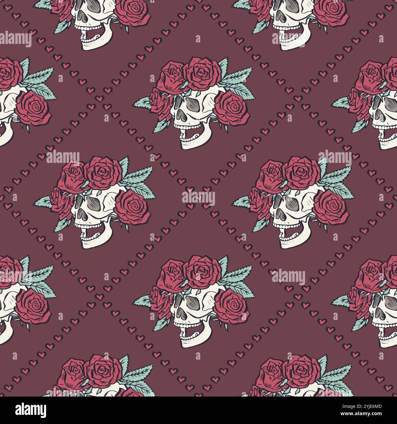 Seamless pattern with hand drawn human skulls in rose flowers wreath inside trellis Stock Vector