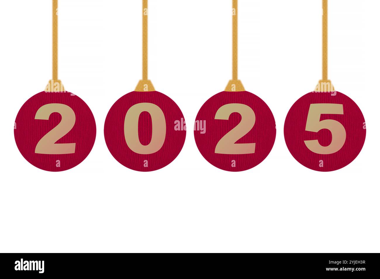 New Year 2025 Sign On Red Christmas Balls Hanging On Threads Against New Year 2025 Sign On Red Christmas Balls Hanging On Threads Against White Background 2YJEH3R