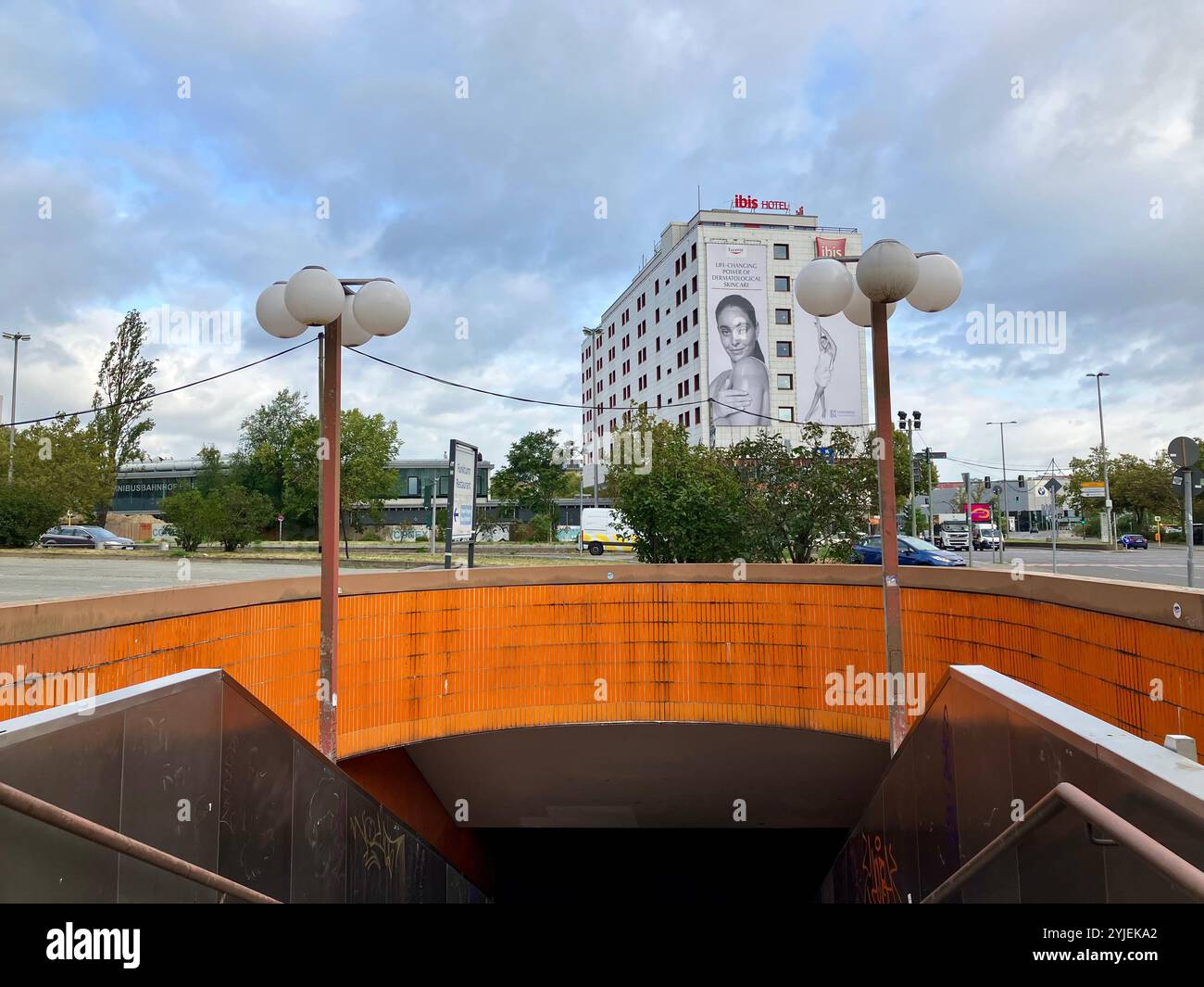 The Messedamm Underpass entrance, with the Ibis Berlin Messe across the road. Westend, Charlottenburg-Wilmersdorf, Berlin, Germany. 5th October 2023. - Smartphone Captured Stock Image