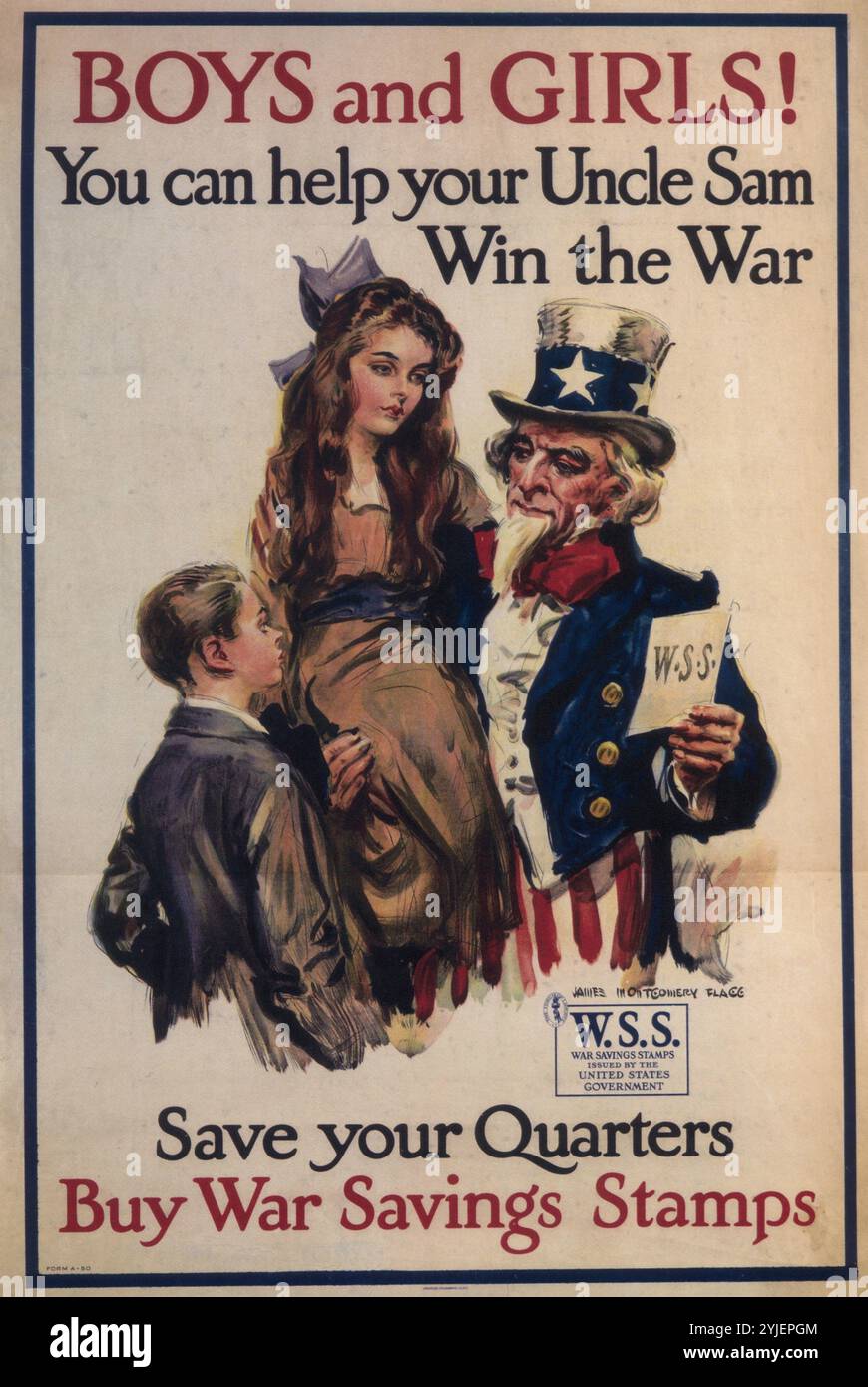 Boys and girls! You can help your Uncle Sam win the war. Museum: PRIVATE COLLECTION. Author: JAMES MONTGOMERY FLAGG. Copyright: This artwork is not in public domain. It is your responsibility to obtain all necessary third party permissions from the copyright handler in your country prior to publication. Stock Photo