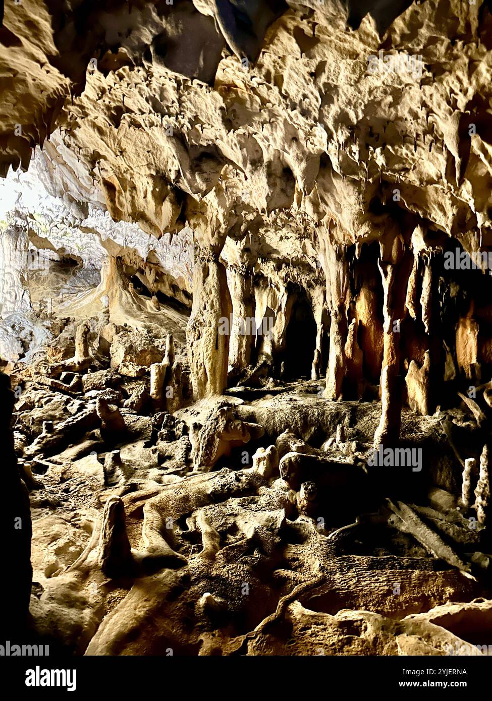 A photography captures a close-up of vibrant stalactites within a secluded cave. - Smartphone Captured Stock Image