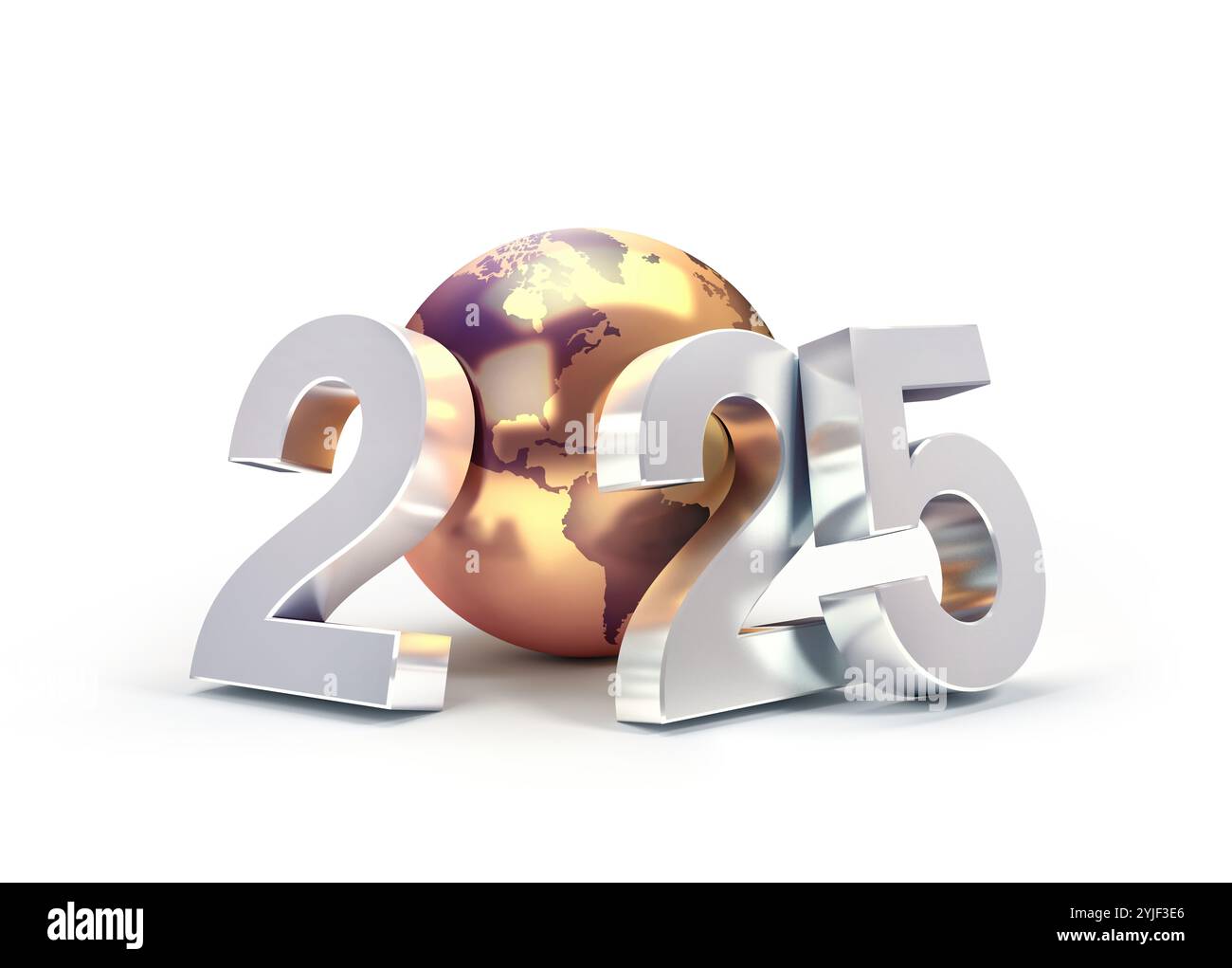 2025 date number with gold earth globe, isolated on white, New Year
