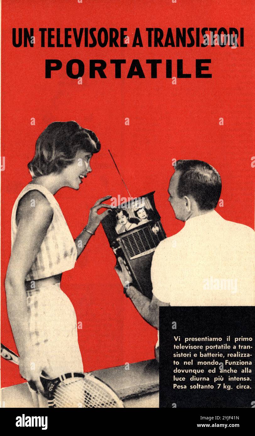 1953 , ITALY : Article from italian illustrated magazine LA SCIENZA ILLUSTRATA ( The Illustrated Science ), december  1959 , dedicated to invention of TELEVISION with  TRANSISTORS ( named in english : transconductance-varistor ). This portable television everywhere It quickly created a revolution in the way of using the television screen in the United States, which would arrive in Italy many years later given the very high cost of these devices . The transistor was invented by canadian enginer Julius Edgar Lilienfeld in 1925 but only in 1947-1948 created by the americans Walter Brattain , John Stock Photo