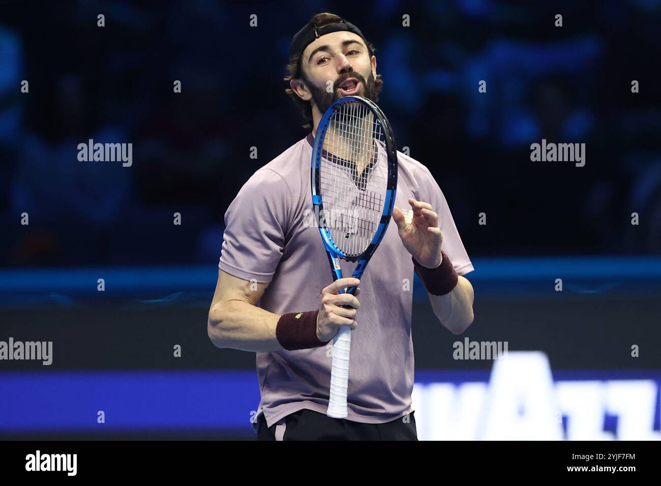Turin, Italy. 14th Nov, 2024. Jordan Thompson of Australia gestures during the Round Robin doubles match between Marcel Granollers of Spain and Horacio Zeballos of Argentina against Max Purcell of Australia and Jordan Thompson of Australia on Day five of the Nitto ATP World Tour Finals. Credit: Marco Canoniero/Alamy Live News Stock Photo