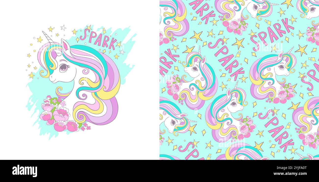 Cute unicorn with flowers and lettering. Card with magic horse ...