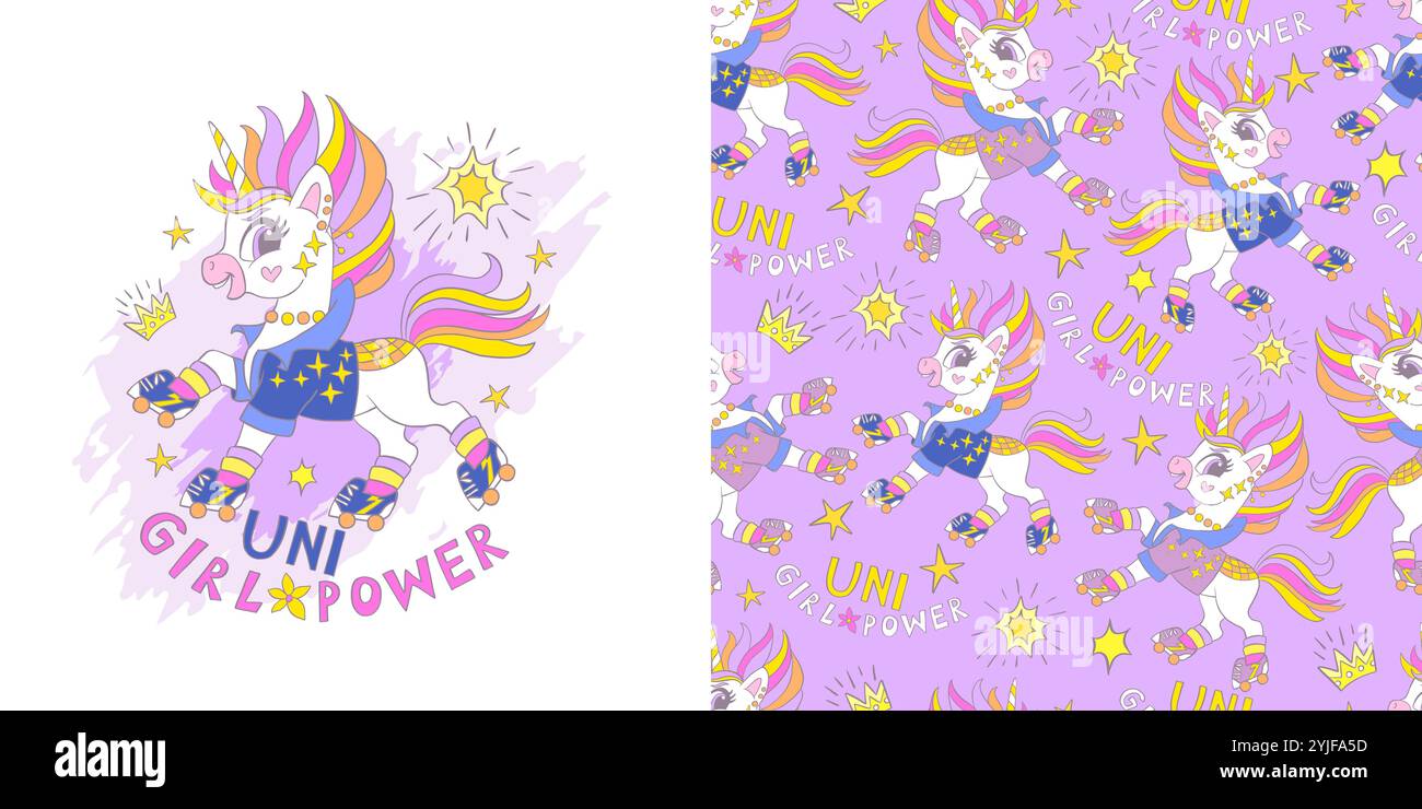 Cute dreaming unicorn on roller skates. Card with magic horse character and background in cartoon style set. Vector illustration and seamless pattern. Stock Vector